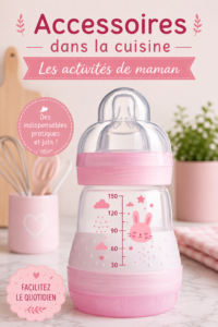 Accessoires de cuisine colorés disposés sur un plan de travail - essentiels pour les mamans actives.