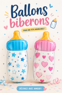 Image de ballons en forme de biberon flottants dans une fête décorée.