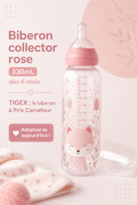 Biberon rose collector TIGEX pour bébé sur une surface en bois