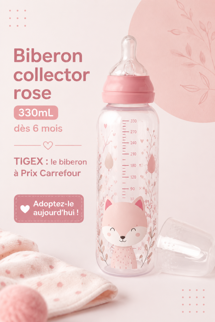Biberon rose collector TIGEX pour bébé sur une surface en bois