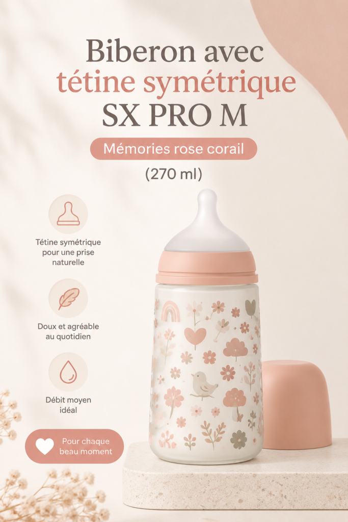 Biberon SX PRO M Mémories en rose corail avec tétine symétrique pour bébé