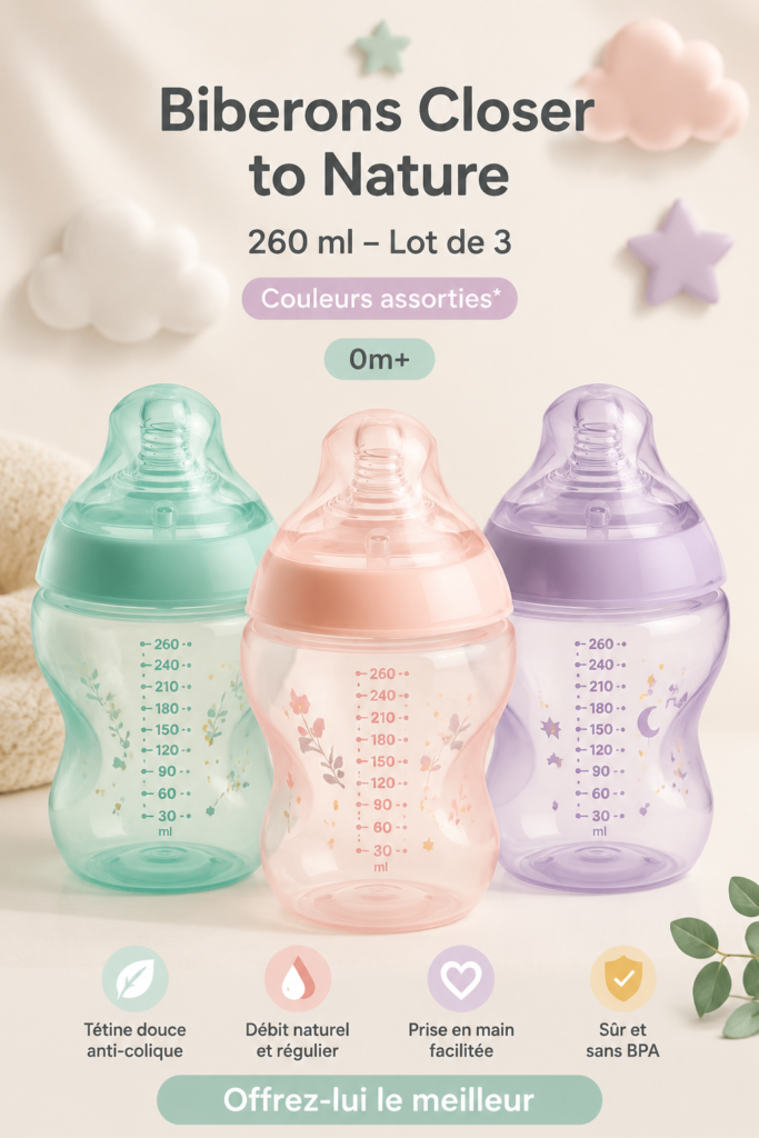 Biberons Tommee Tippee 260ml Closer to Nature sur une table de change
