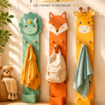 Crochets colorés en forme d'animaux sur une garde-robe d'enfants.