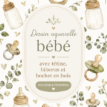 Dessins aquarelle d'un bébé avec tétine et biberon