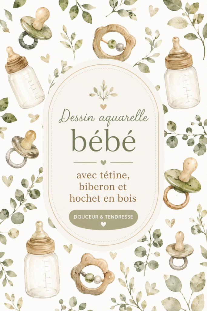 Dessins aquarelle d'un bébé avec tétine et biberon