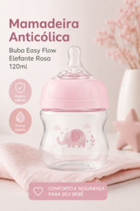 Mamadeira anticólica Buba Easy Flow éléphant rose, idéale pour bébé
