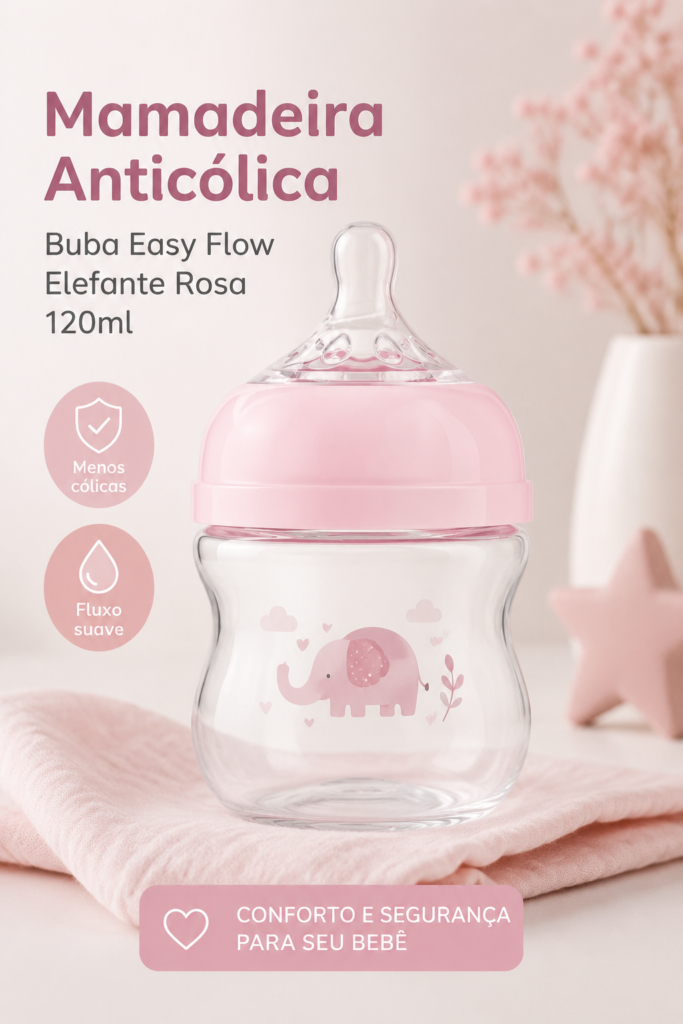 Mamadeira anticólica Buba Easy Flow éléphant rose, idéale pour bébé