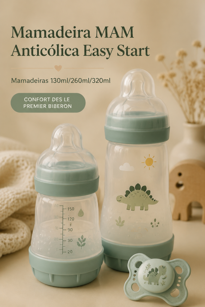 Mamadeira Mam Anticólica Easy Start montrant son design innovant pour les bébés
