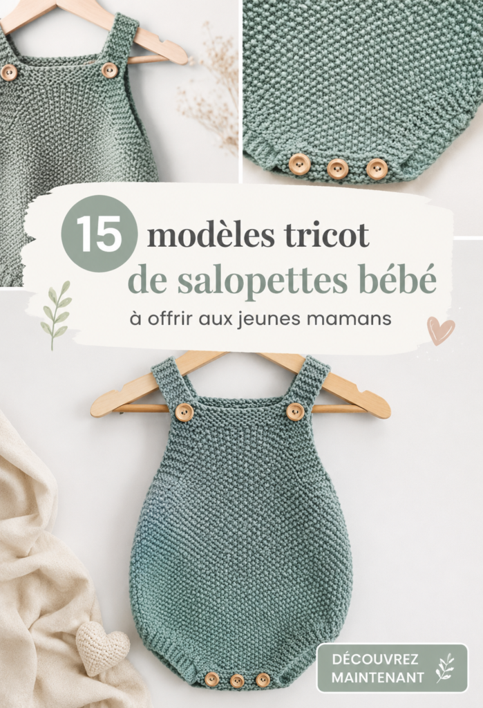 Modèles de salopettes tricotées pour bébés, sur fond pastel.