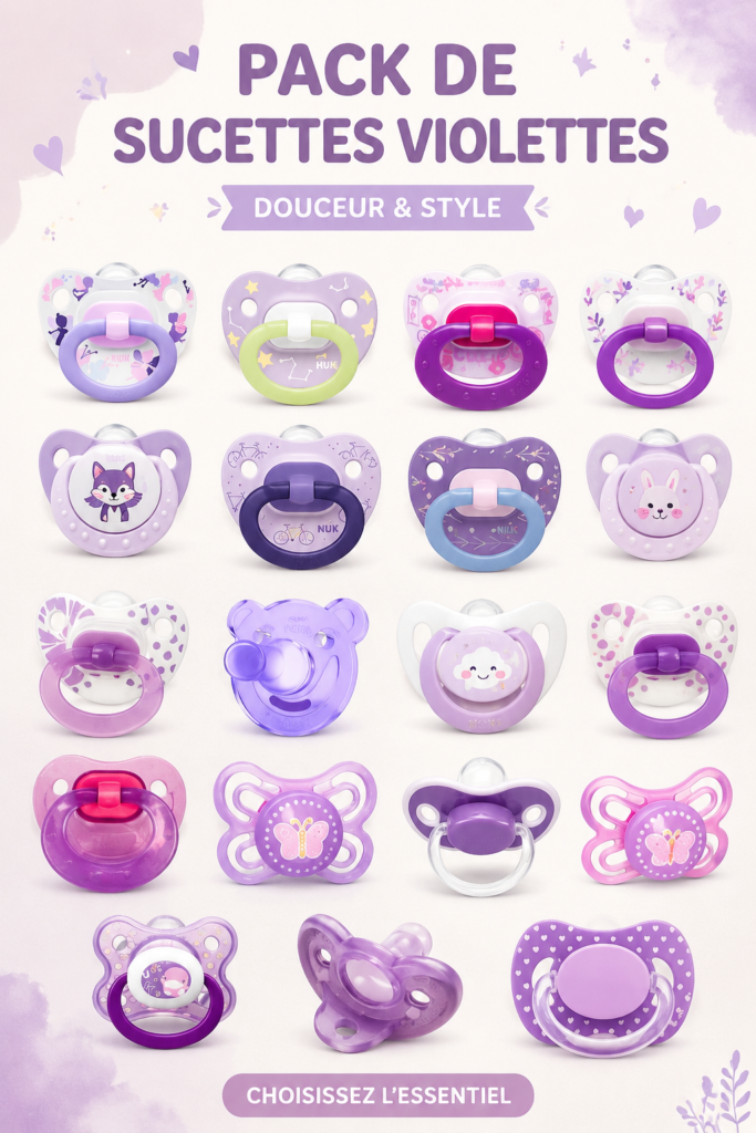 Pack de sucettes violettes pour bébé sur un arrière-plan pastel.