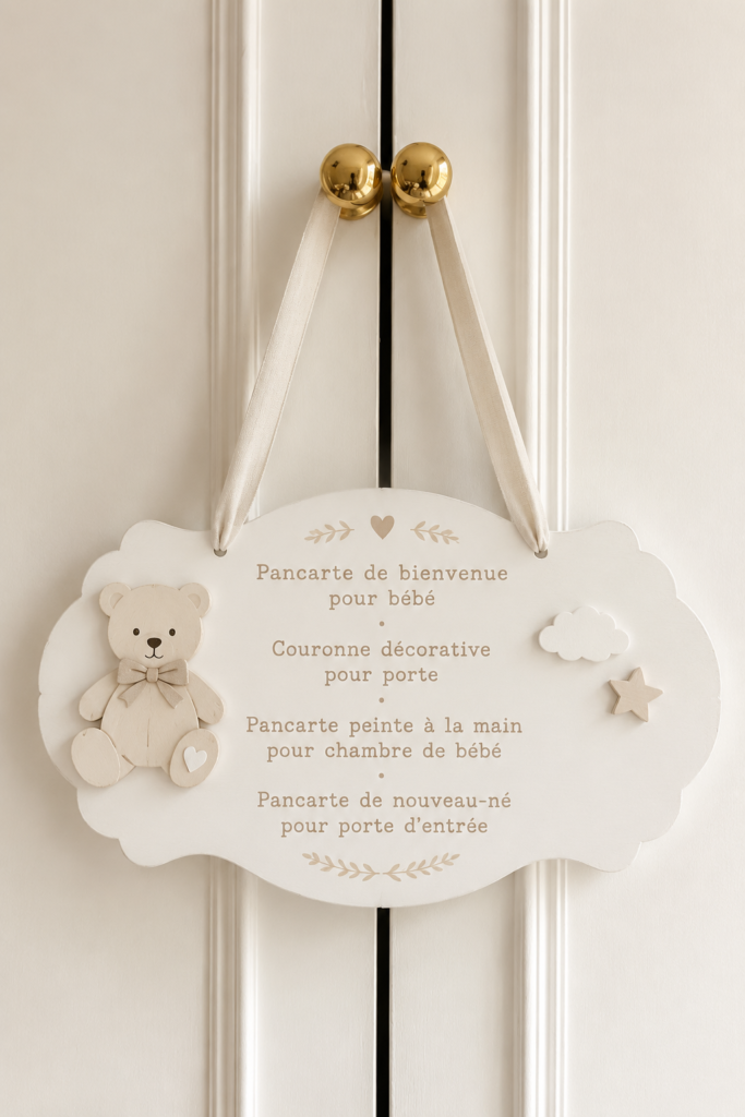 Panneau de porte personnalisé pour accueillir un bébé dans sa nursery, décoré avec des couleurs douces et des motifs tendres.