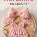 Un modèle de porta de maternidade en crochet couleur pastel, posé sur une surface en bois.