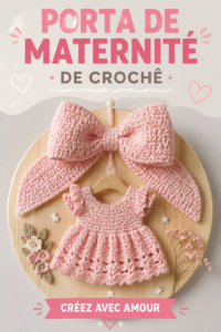 Un modèle de porta de maternidade en crochet couleur pastel, posé sur une surface en bois.