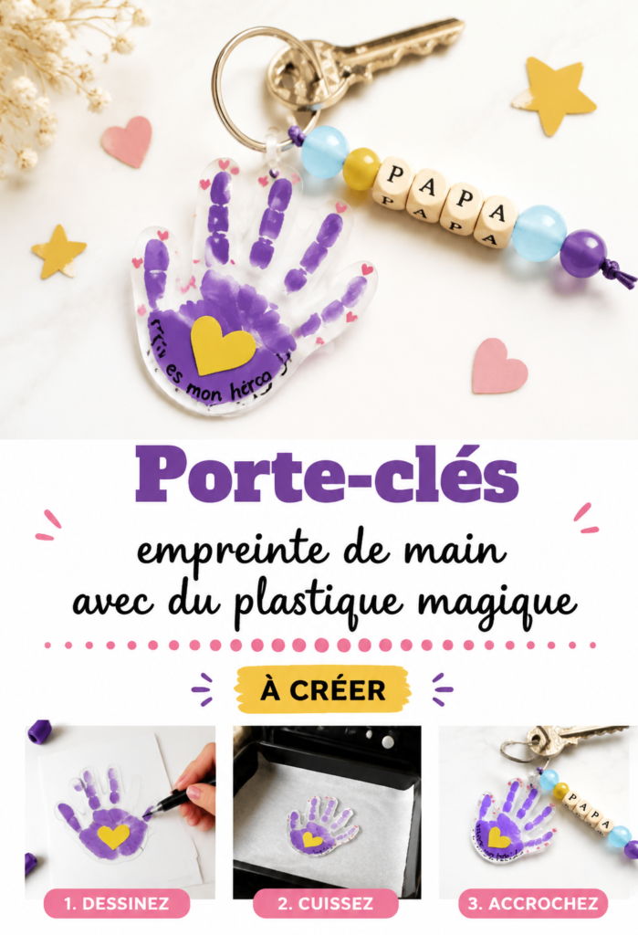 Porte-clés empreinte de main en plastique magique réalisé à la maison.