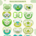 Tétines écologiques en silicone naturel à côté d'une plante verte, représentant le choix responsable pour les bébés