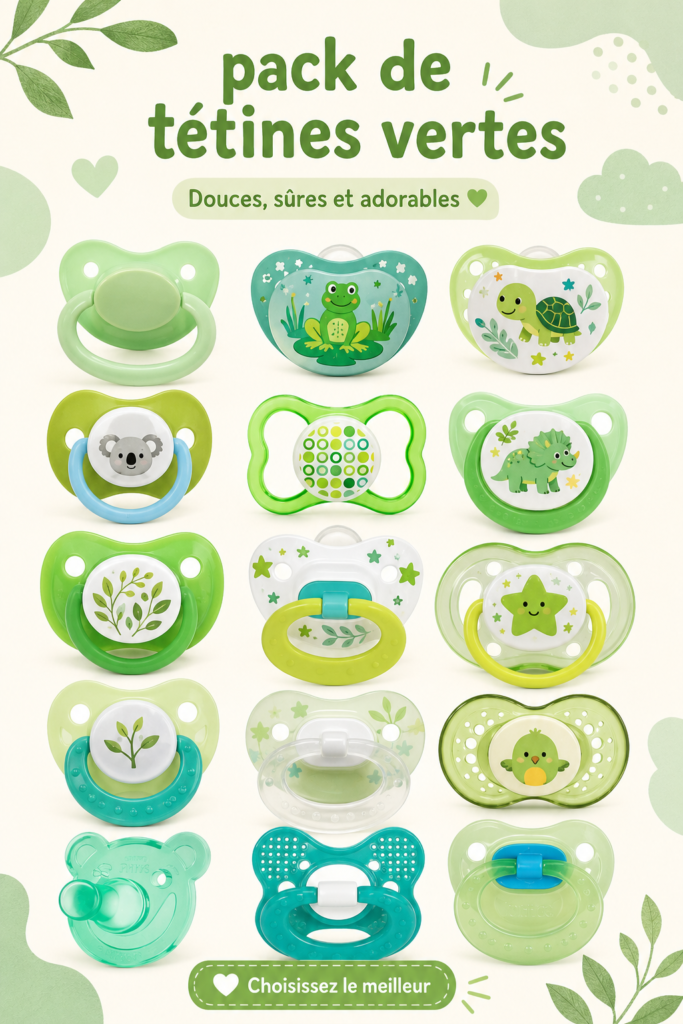 Tétines écologiques en silicone naturel à côté d'une plante verte, représentant le choix responsable pour les bébés