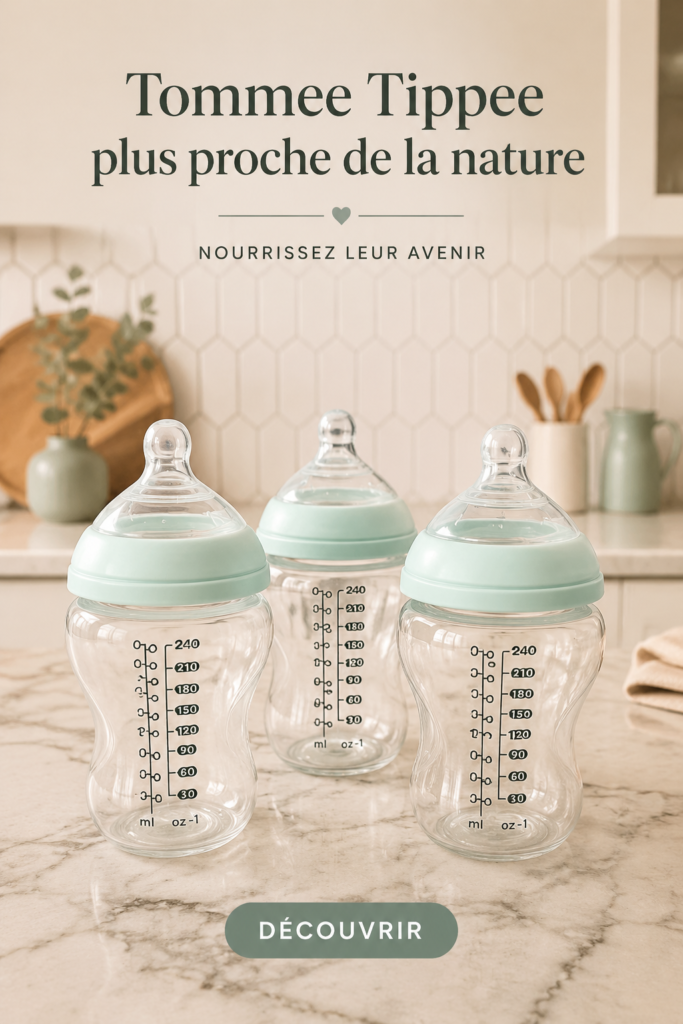 Biberons Tommee Tippee colorés sur une table, prêts pour un allaitement doux.