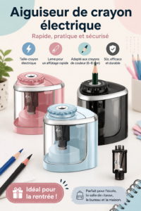 Aiguiseur de crayon électrique en action, affûtant des crayons de couleur