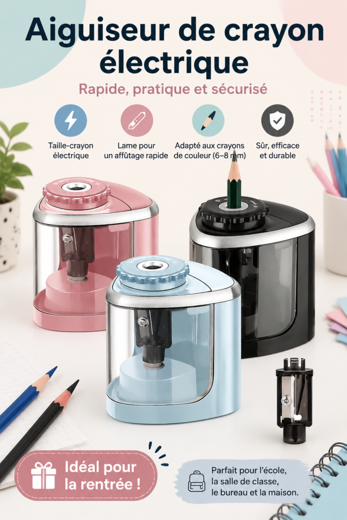 Aiguiseur de crayon électrique en action, affûtant des crayons de couleur