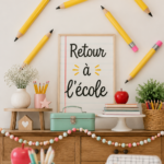 Un bureau organisé avec des fournitures et gadgets high-tech prêts pour la rentrée.