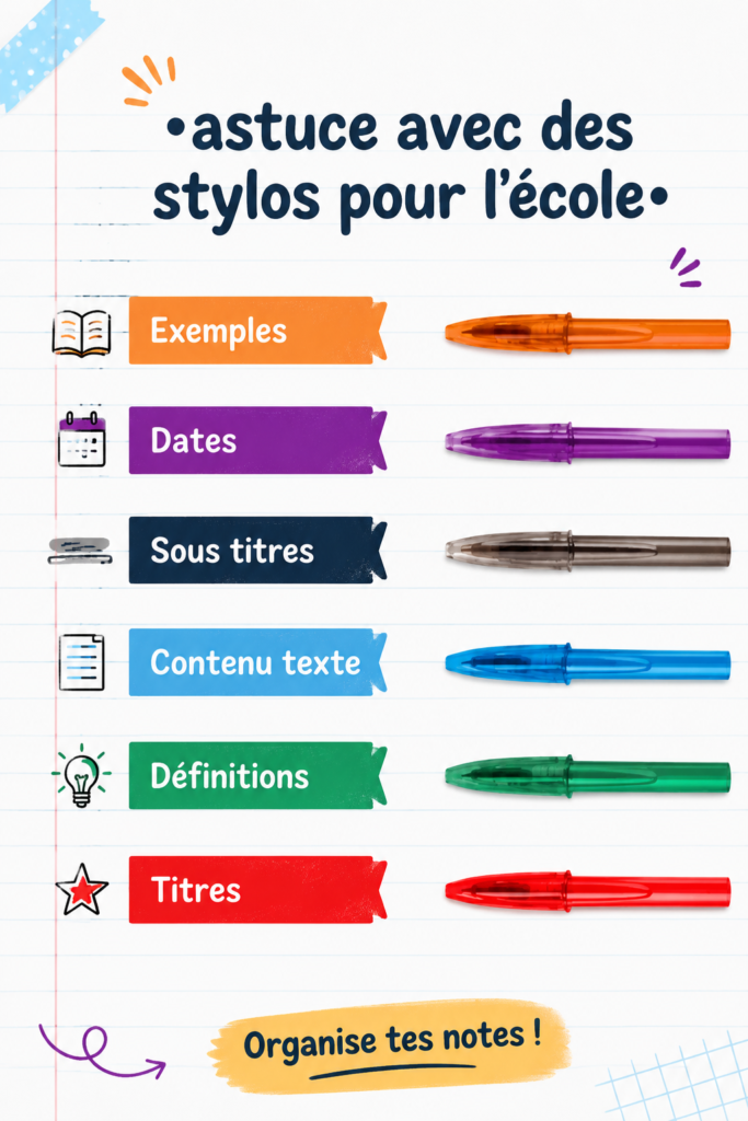 Collection de stylos colorés sur un bureau d'école, illustrant des astuces pratiques.