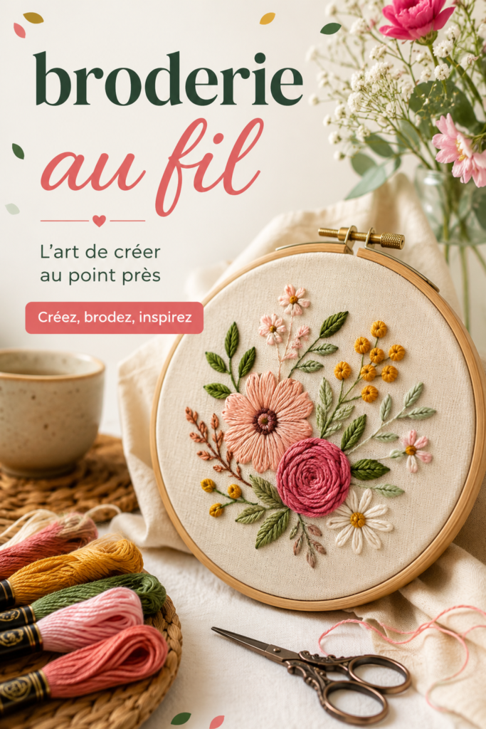 Un assortiment de fils colorés pour broderie au fil disposés sur une table, illustrant la créativité artisanale.