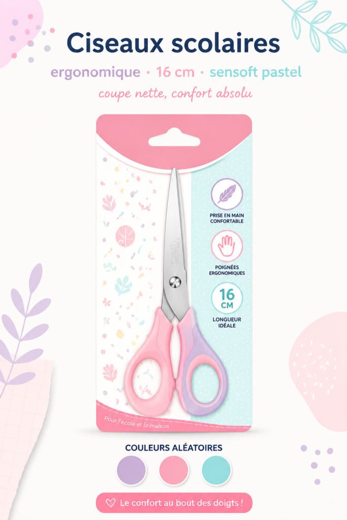 Ciseaux scolaires ergonomiques Maped en couleur pastel sur un bureau d'enfants.