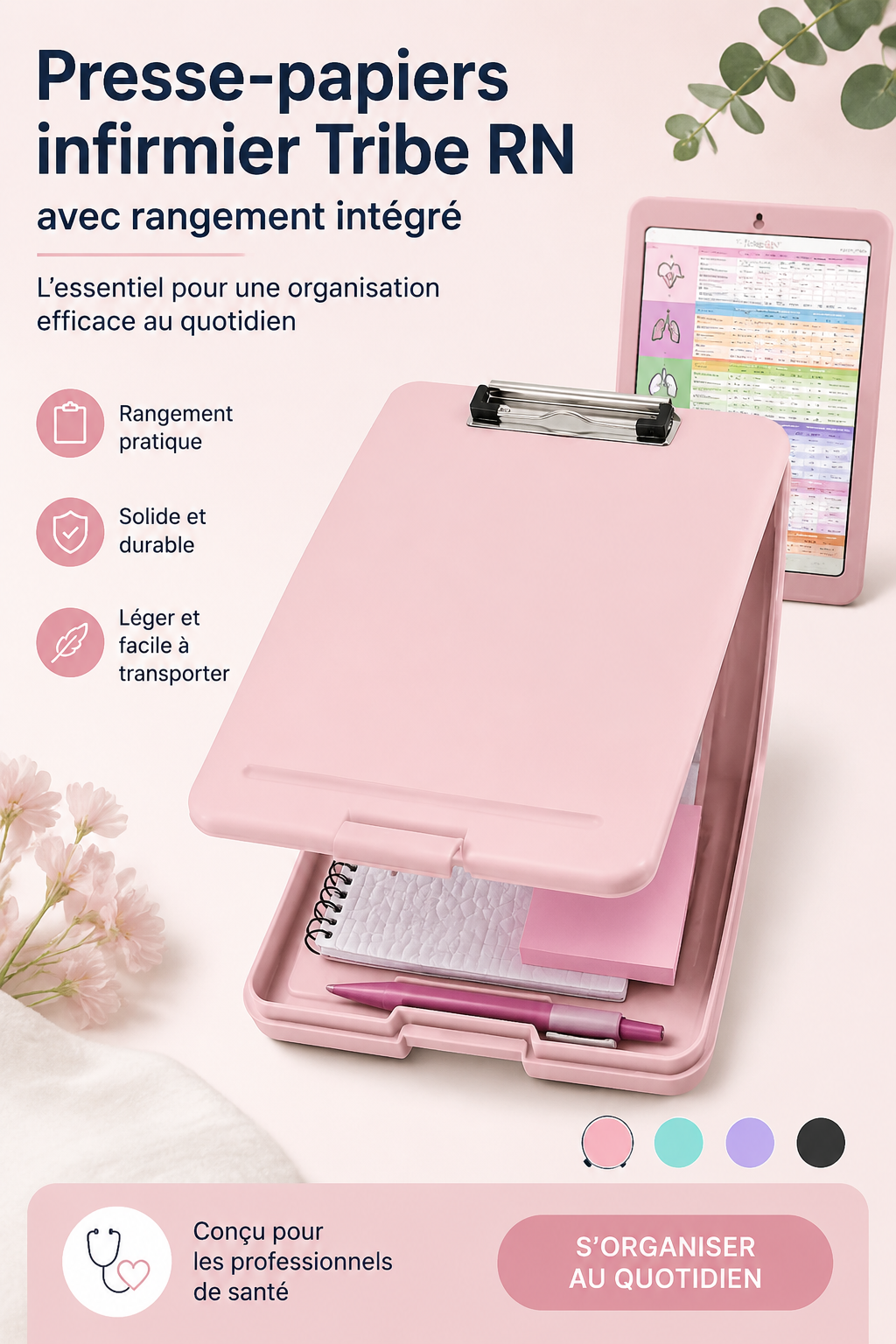 Un clipboard d'infirmière avec rangement pratique sur un bureau médical.