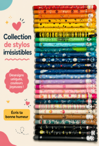 Des stylos colorés Legami sur un bureau d'écolier, ensemble de papeterie tendance.