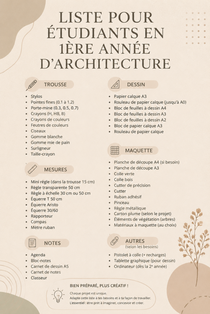 Équipements et outils nécessaires pour les étudiants en première année d'architecture