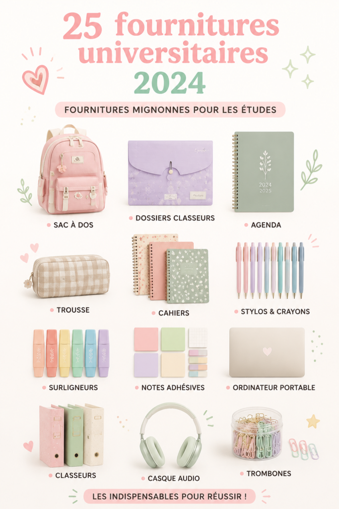 Un ensemble coloré de fournitures de collège modernes pour la rentrée 2024.