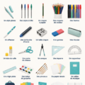 Photo d'une sélection de fournitures scolaires colorées sur un bureau.