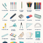 Photo d'une sélection de fournitures scolaires colorées sur un bureau.