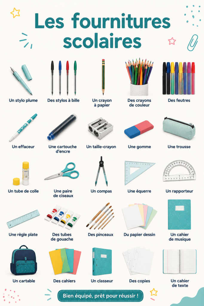 Photo d'une sélection de fournitures scolaires colorées sur un bureau.
