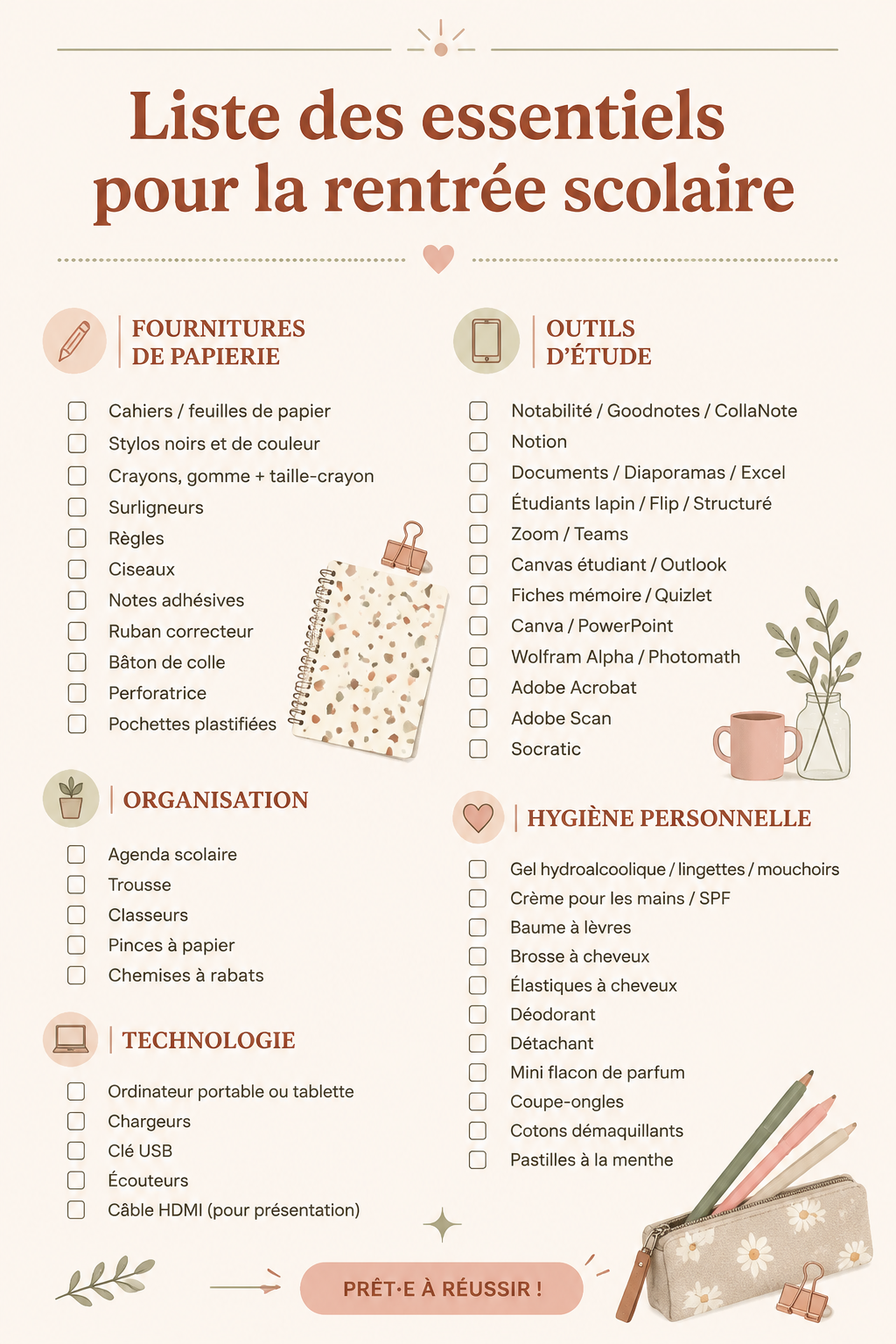Checklist des indispensables pour la rentrée scolaire avec fournitures et outils utiles.