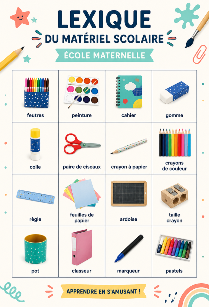 Un ensemble de fournitures scolaires colorées pour les enfants de maternelle.