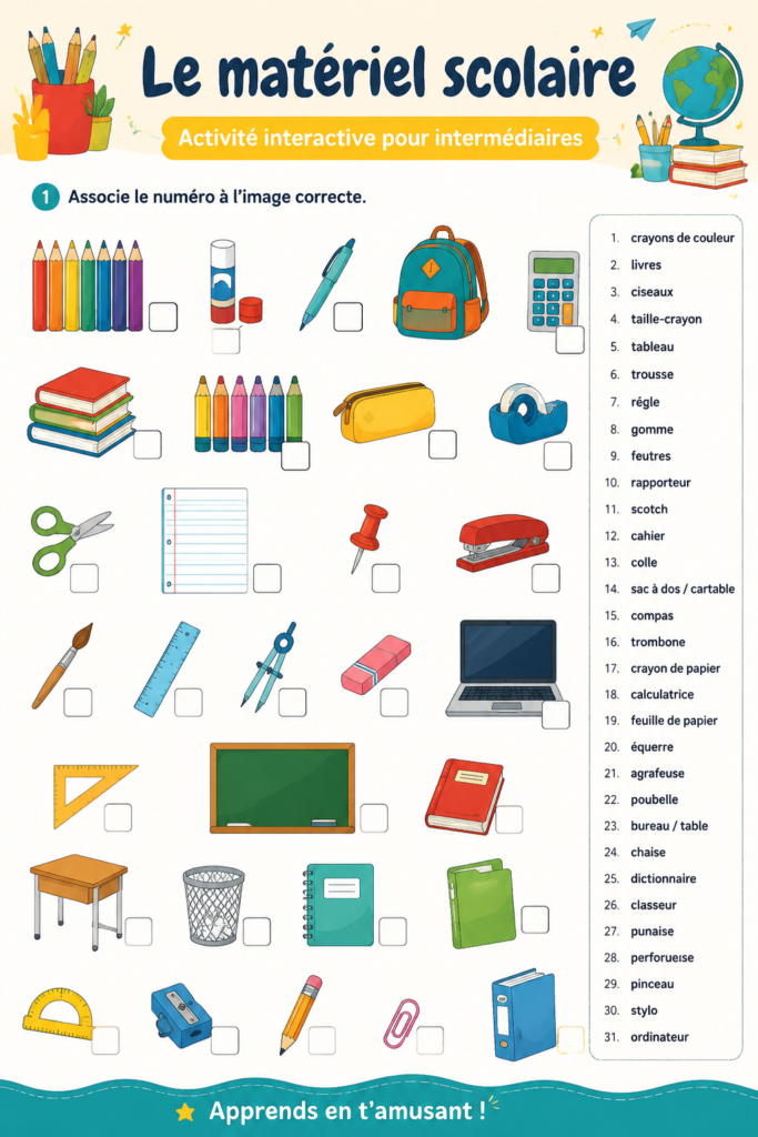 Matériel scolaire interactif en classe, avec élèves utilisant des tablettes et un tableau blanc interactif.