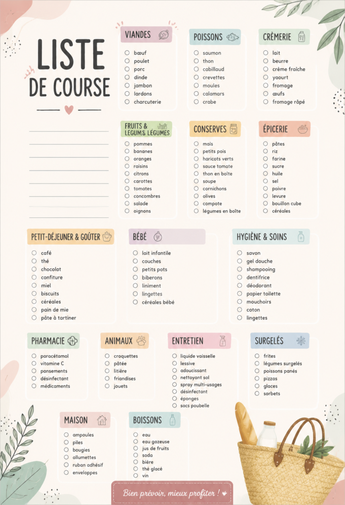 Modèle de liste de courses en papier prêt à imprimer