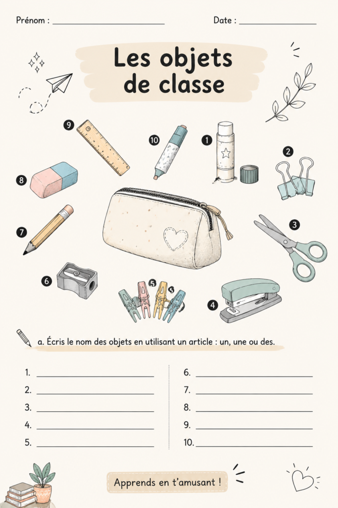 Des objets essentiels pour la rentrée scolaire disposés sur une table.
