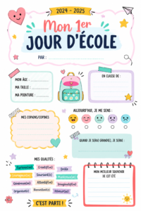 Pancarte colorée pour la rentrée 2024-2025 avec des motifs scolaires.