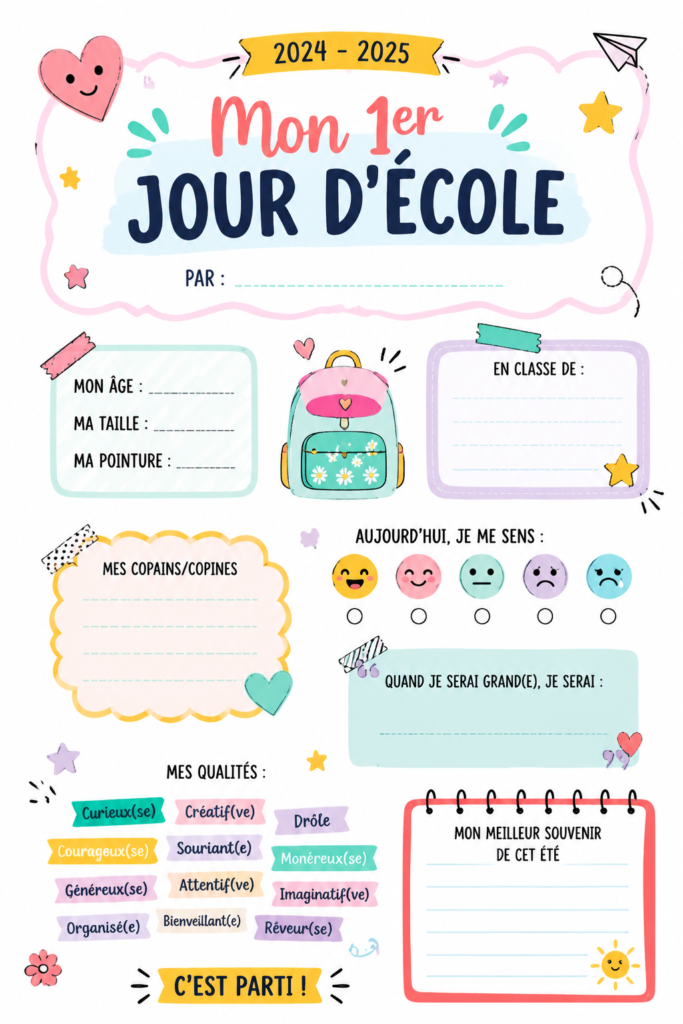 Pancarte colorée pour la rentrée 2024-2025 avec des motifs scolaires.