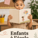 Un enfant souriant devant son tableau à l'école, capturant un moment joyeux.