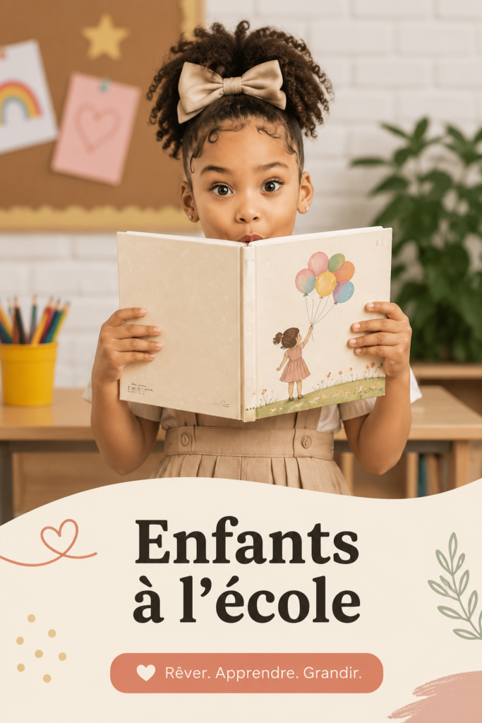Un enfant souriant devant son tableau à l'école, capturant un moment joyeux.
