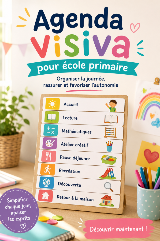Un enfant utilisant un agenda visuel coloré pour organiser ses activités scolaires
