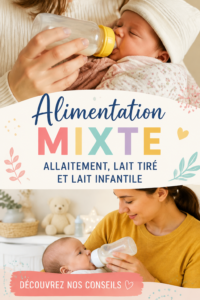 Mère et bébé en train de profiter d'un moment d'alimentation mixte avec des biberons et du lait maternel.