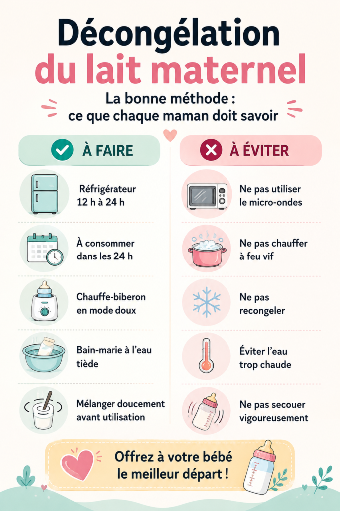 Un échantillon de lait maternel décongelé dans un biberon, pour illustrer les conseils de décongélation.