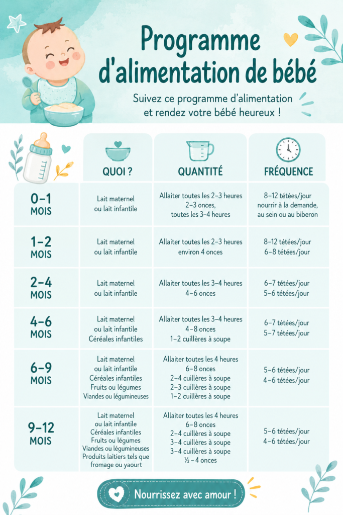 Employ du temps de repas pour bébé avec des aliments sains et des moments de bonheur familial.