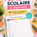 Modèle d'emploi du temps scolaire imprimé sur un bureau avec des fournitures scolaires.