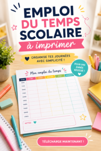 Modèle d'emploi du temps scolaire imprimé sur un bureau avec des fournitures scolaires.