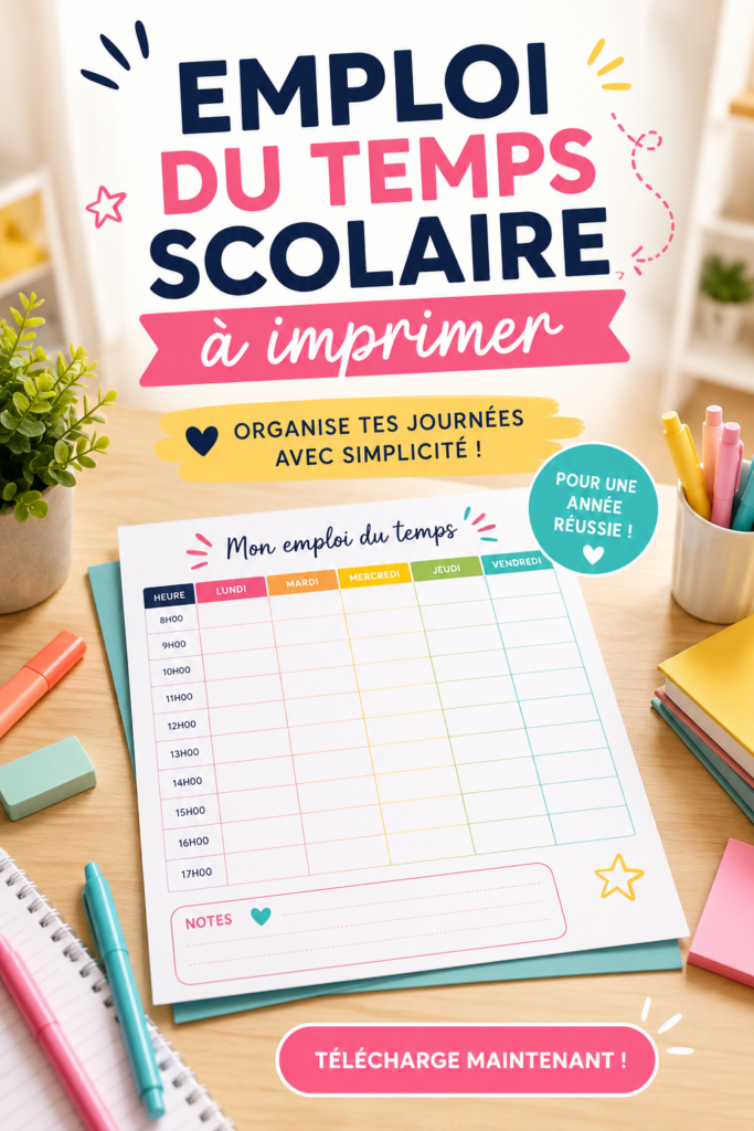 Modèle d'emploi du temps scolaire imprimé sur un bureau avec des fournitures scolaires.